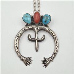 Vintage Old Pawn 925 Sterling Silver Turquoise & Coral Squash Blossom Pendant